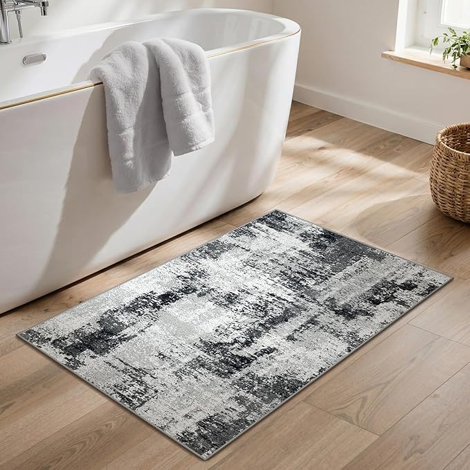 GENIMO 2x3 Rugs for Entryway Entrance, Modern Machine Washable Rug Ultra Soft Indoor Area Rugs 2x3 for Bedroom Kitchen Bathroom, Lightweight Low Pile Carpet with Non Slip Backing, Black White