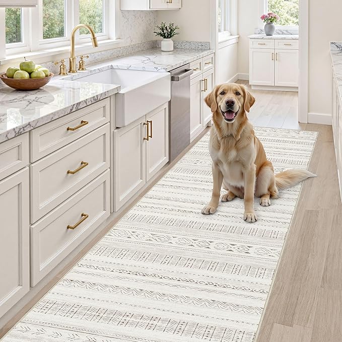 cotiled Hallway 2.6x8 Runner Rugs: Washable Boho Rugs with Non Slip Backing Large Soft Indoor Low Pile Carpet for Living Room Bedroom Farmhouse Dining Room Lightweight Home Decor L Brown/Cream