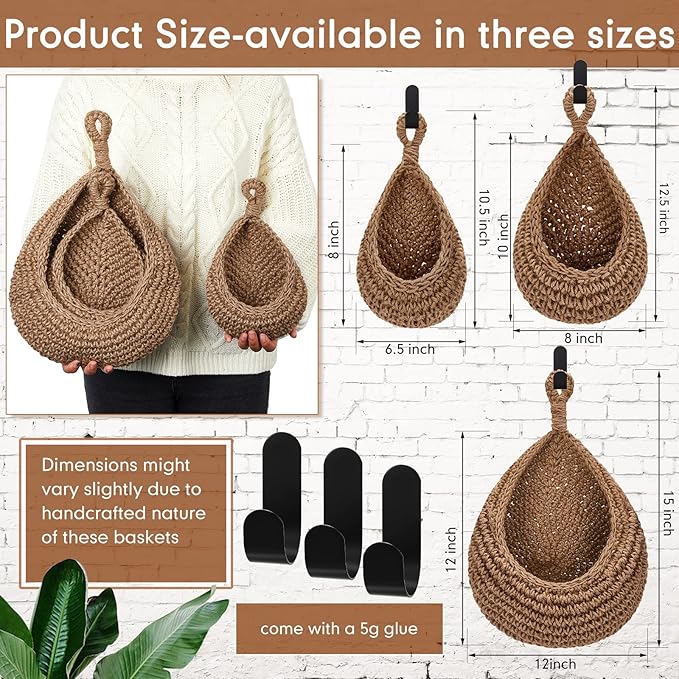 Honeydak Boho Decor Hanging Wall Baskets for Kitchen 3 Pack Teardrop Baskets with Hooks Storage Fruit Onion Vegetable Potato for Home 3 Sizes(Linen,Teardrop,Jute)
