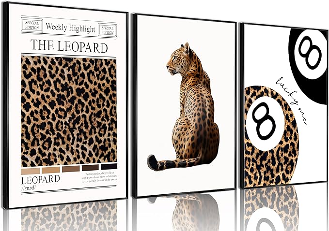 Trendy Leopard Wall Art Set of 3 Funky Lucky 8 Ball Posters Prints Preppy Room Aesthetic Cheetah Wall Decor Pictures for Girls Bedroom Apartment Dorm Unframed 16x24in