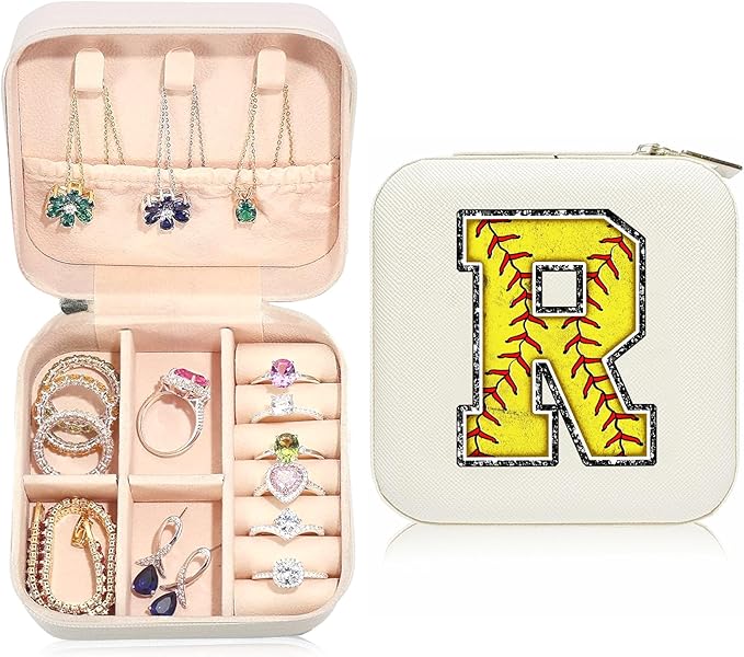 Softball Initial R Travel Jewelry Case,Valentine's Day Gift Softball Gifts for Teen Easter,Jewelry Box Personalized Softballs Accessories Letter Birthday Gifts for Players Coach Team Mom