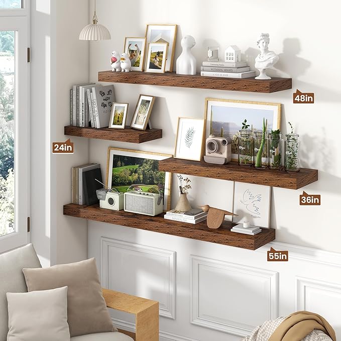 Heimlove Floating Shelves for Wall 55 Inch Long,Extra Large and Thick Wood Shelves Mounted Storage Hanging Shelf Invisible Bracket for Bedroom,Living Room,Kitchen,Office,Rustic Brown