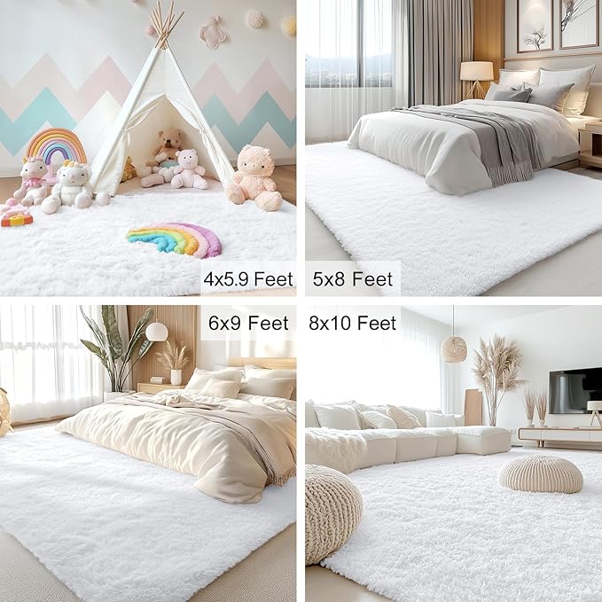 OLANLY 10x12 Machine Washable Large Area Rugs for Living Room, Bedroom, Soft Fluffy Shaggy Bedside Rug, Indoor Floor Carpet for Kids Girls and Boys, Dorms, Nursery, Home Decor Aesthetic, White