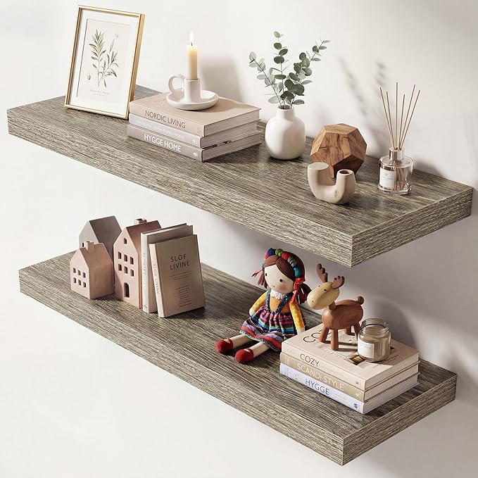 Dreamland 30 Inches Floating Shelves for Wall, 9.3" Deep Long Floating Shelves Set of 2, Large Display & Storage Shelf, Wall Shelf for Bathroom Bedroom Living Room Kitchen Office, Grey