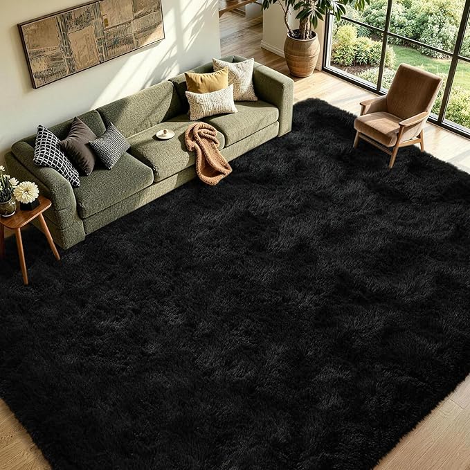 FinRèc 8x10 Feet Black Rugs for Living Room Bedroom, Fluffy Shaggy Area Rug, Non-Slip Soft Shag Rug for Nursery Kids Room Dorm Room Home Decor, Indoor Plush Floor Carpet