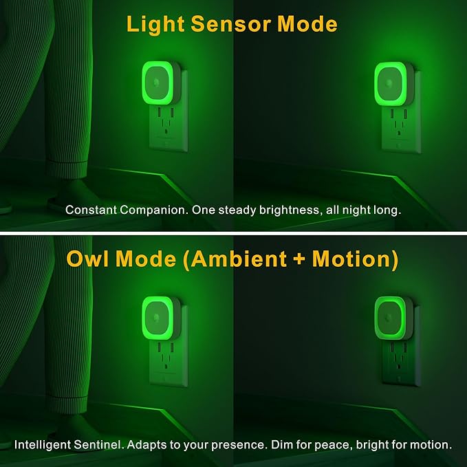 YUNLEX 2 Pack Plug in Night Light with Motion Sensor & Dusk to Dawn Sensor, 3 Sensor Modes, Auto ON/Off, Owl Mode for Steady Low Light, Dimmable, Calming Green LED for Home Office, Hallway, Bathroom