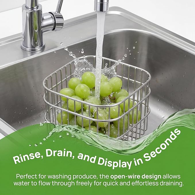 2 Pack Stainless Steel Wire Fruit Basket, 5.3 x 5.3 x 4 In Kitchen Countertop Drain Fruit Bowl, Wire Mesh Colander, Metal Food Storage Organizer for Fruit Vegetable Bread Snack Bathroom