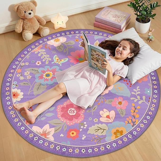 RELEANY Floral Nursery 4ft Area Rugs Washable Print Boho Cute Carpet Non Slip Flower Low Pile for Living Room Kids Girls Playroom Bedroom Kitchen Office Farmhouse-Purple/Pink/Multi