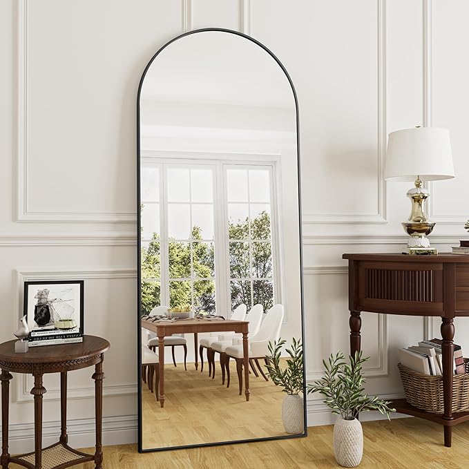 Rowjut 64"x21"Floor Mirror Arched Full Length Mirros, Mirror Floor Length Standing Hanging or Leaning & Large Full Body & Wall Mirror for Bedroom, Living Room, Aluminum Frame, Black