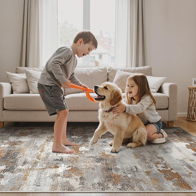 GENIMO 2x3 Rugs for Entryway Entrance, Modern Machine Washable Rug Ultra Soft Indoor Area Rugs 2x3 for Bedroom Kitchen Bathroom, Lightweight Low Pile Carpet with Non Slip Backing, Grey Brown Beige