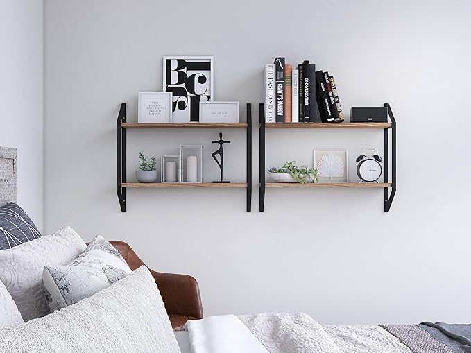 Wallniture Ponza 24 Inch Wood Floating Shelves for Wall, 2-Tier Kitchen Pantry Organization and Storage Shelves Set of 2, Natural Burned Finish