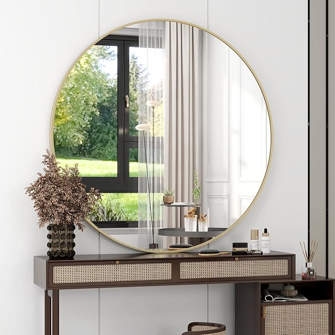 42 Inch Round Bathroom Mirror - Gold Wall Mounted Circle Mirror with Metal Frame, Modern Round Hanging Mirror Suitable for Bathroom, Vanity, Entryway, Living Room