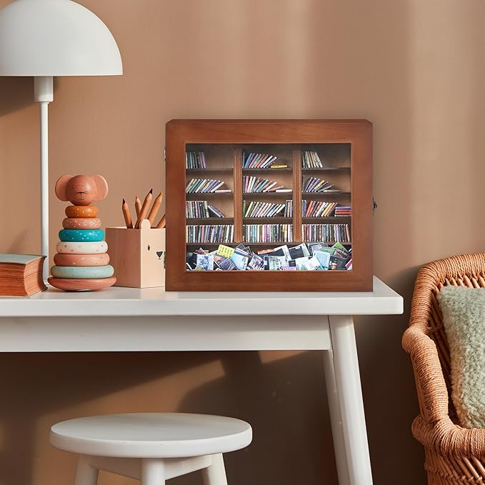 Anxiety Mini Bookshelf Mini Books with 300PCS Mini Bookshelf Shake Away Your Anxiety Wooden Miniature Book Library for Stress Relief, Home and Office Decor, Unique Gift for Book Lovers-Brown