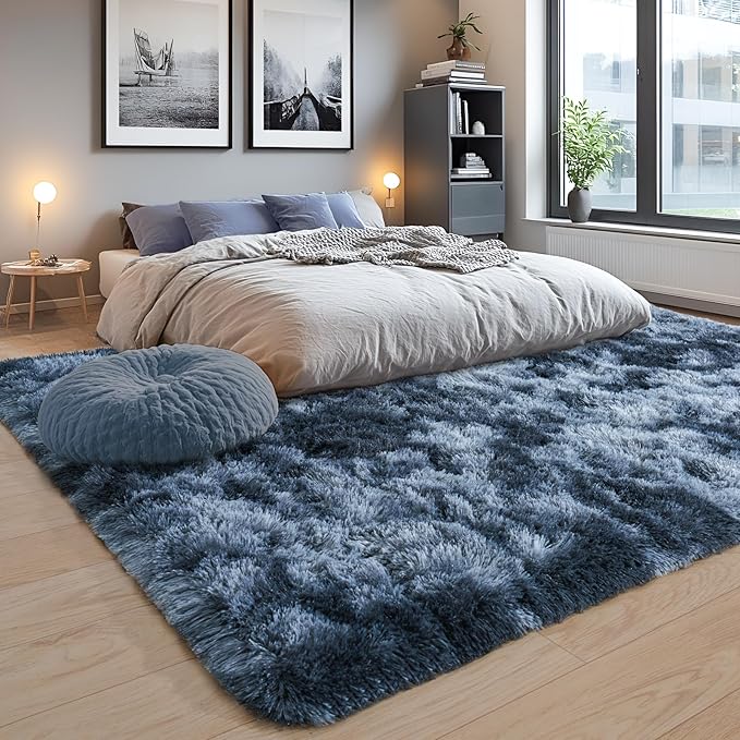 Area Rugs 9x12 for Living Room, Ultra Soft Fluffy Rugs for Bedroom, Non-Slip Furry Large Rug for Teen Girls and Boys,Nursery Kids Room Dorm Home Decor, High Pile Plush Floor Carpet, Tie-Dyed Blue Grey
