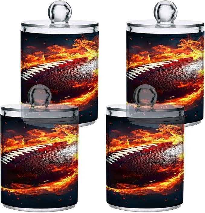 Nander 4Pack Retro Flame Rugby Qtip Holder Dispenser -Clear Plastic Apothecary Jars Set - Restroom Bathroom Makeup Organizers Containers for Cotton Swab, Ball, Pads, Floss