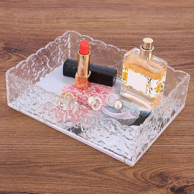 7.5"x5.5" Scalloped Acrylic Tray with Magnetic Mat - All-in-One Organizer for Jewelry, Makeup, Desk & Vanity, 2-in-1 as Tray & Photo Stand, for Women, Mom, Bride
