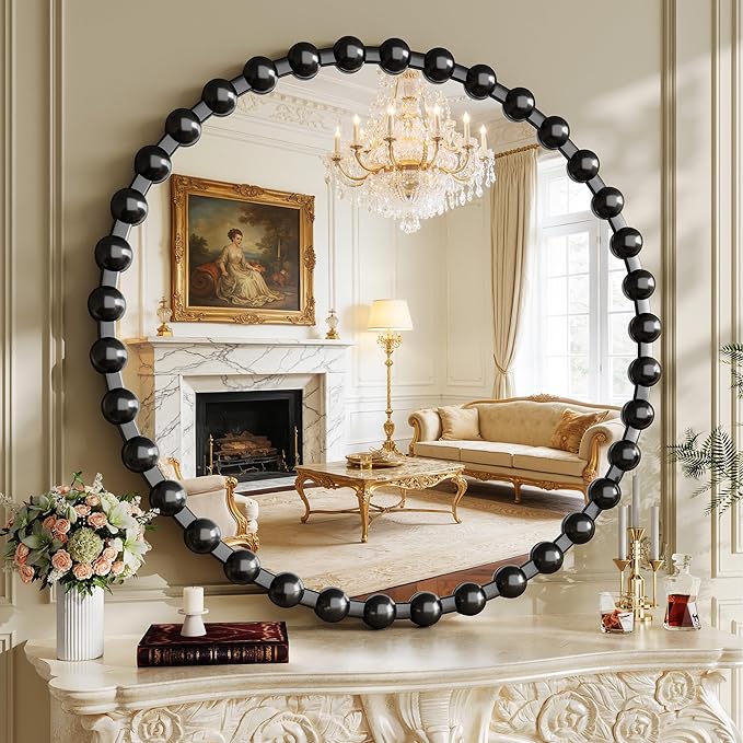 Round Vanity Mirror with Beaded Frame, 36 Inch Circle Wall Mirror for Bedroom Dresser, Entryway, Bathroom, Living Room, Decorative Hanging Wall Mirror, Black