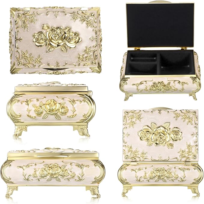 Hipiwe Metal Jewelry Organizer Box Antique Decorative Treasure Chest Keepsake Storage Case for Rings Earrings Holder Gift for Women, Medium
