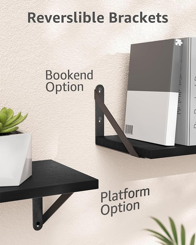 COCOYA Wall Shelves 7.3" Deep Set of 2, Solid Paulownia Wood Wider Longer Sturdy Easy to Install Wall Mounted Bookshelves Storage Shelves Bathroom Home Office Laundry Room Bedroom Organizer Black