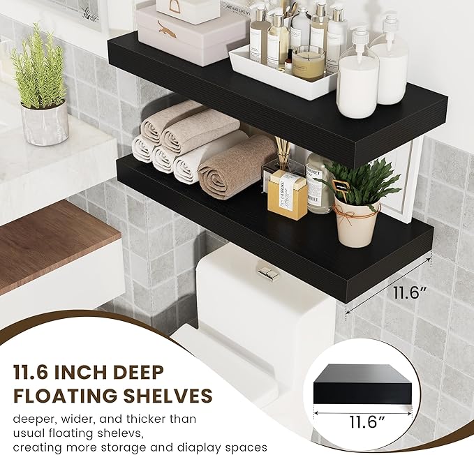 FLYJOE 30 Inch Floating Shelves | 12 Inch Deep Black Floating Shelves Set of 2 | 30" W x 12" D Rustic Wood Shelves for Wall | Deep Black Shelves for Living Room Bathroom Laundry Room Kitchen