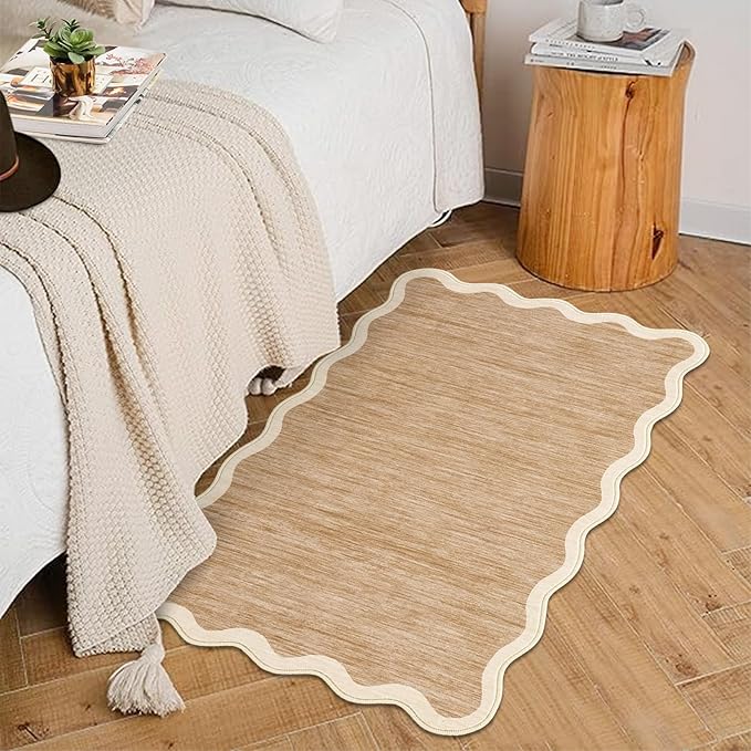 GarveeHome Scalloped Washable Rug, 2x3 Kitchen Rugs for Entryway Bathroom, Soft Door Mat Indoor Entrance Ultra-Thin, Small Non-Slip Throw Carpet for Bedroom Entry Laundry, Light Brown