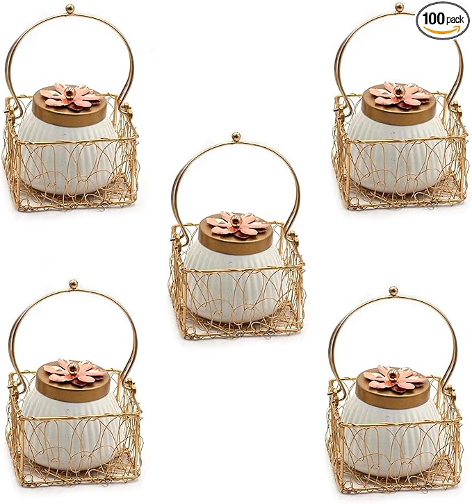 Set of 100 Lot Dry Fruit Jar with Golden Net Basket and Lid 4 Inch, Return Gifts, Serving Bowls/Jars for Parties, Wedding Gifts