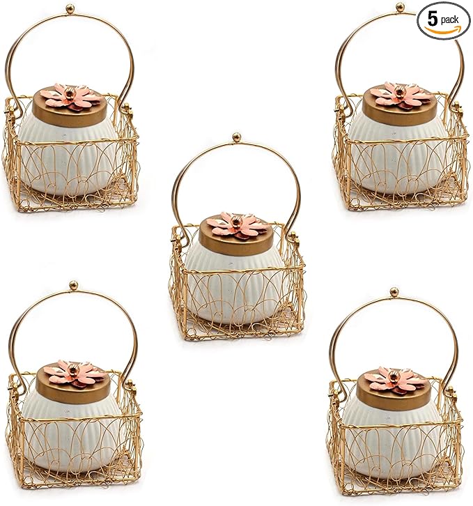 IGH Set of 5 Wholesale Lot Dry Fruit Jar with Golden Net Basket and Lid 4 Inch, Return Gifts, Serving Bowls/Jars for Parties, Wedding Gifts