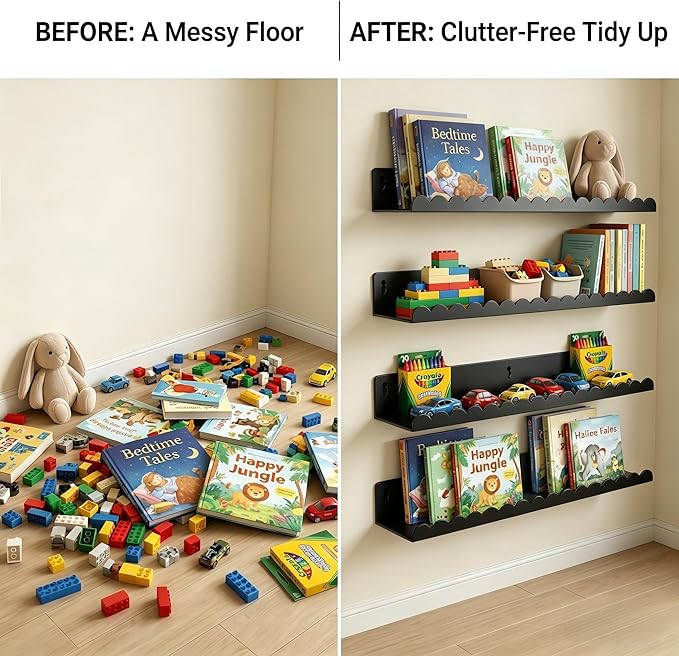 24 Inch Nursery Book Shelves Set of 4, Black Metal Floating Shelves for Wall, Scalloped Cloud Book Shelf for Kids Room, Bathroom, Bedroom, Playroom Wall Decor & Storage