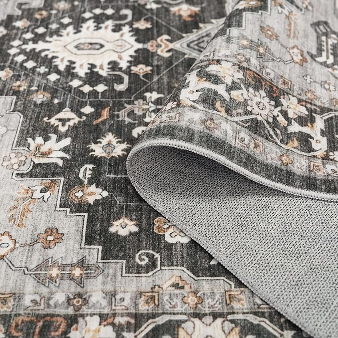 Washable Oriental Area Rug - 9x12 Rugs for Living Room Soft Carpet for Bedroom Waterproof Floral Distressed Indoor Stain Resistant Non-Shedding Floor Carpets (Black, 9x12)