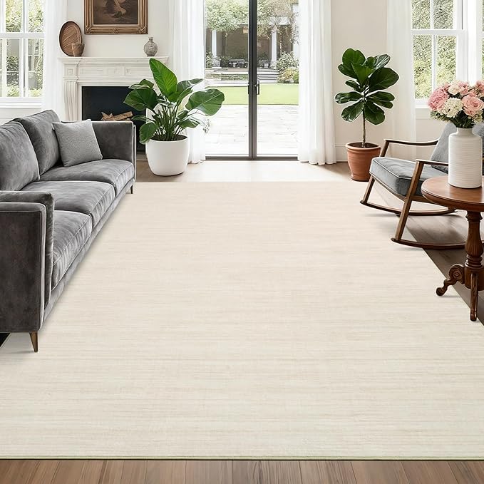 Modern Solid Color Area Rug 10x13 Large Living Room Area Rug Washable Abstract Bedroom Rugs Non Slip Boho Dining Room Throw Carpet Soft Stain Resistant Minimalist Rugs for Nursery Home Office, Ivory