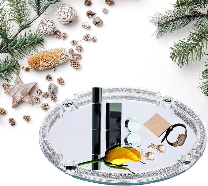 Crystal Dresser Tray, Mirror Glass Makeup Vanity Organizer Filled Crushed Diamond, 10" x 10" Round Jewelry Trinket Perfume Tray for Bathroom Bedroom, Home Decor, Hotel Banquet, Party (Silver)