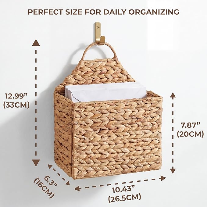 Boho Water Hyacinth Hanging Wall Basket, Flat Back Woven Storage Organizer for Mail, Books and Magazines, Decorative Wall Basket for Entryway and Farmhouse Home
