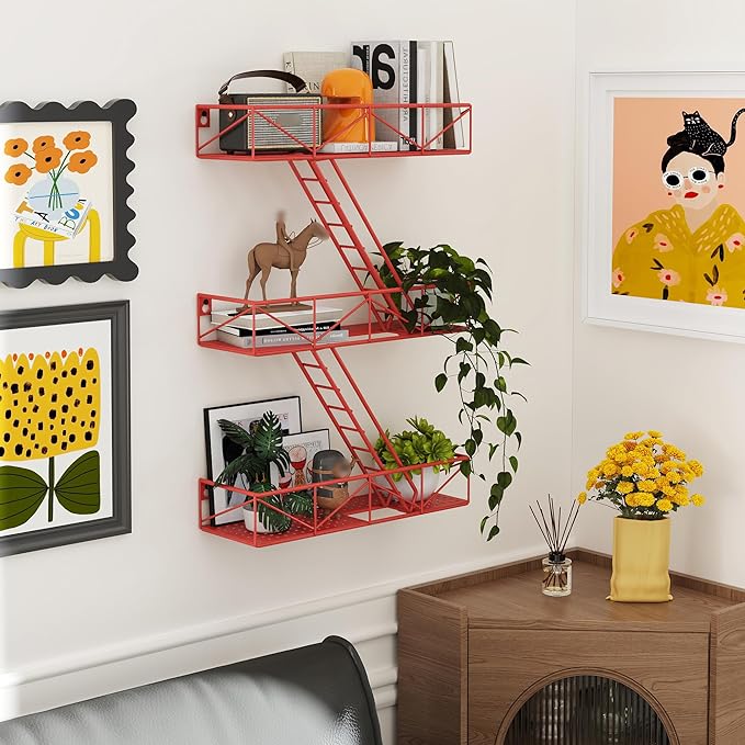 Fire Escape Shelf - 3 Tier Red Fire Escape Wall Shelf with Basket Wall Organizer, New York Metal Decorative Shelves, DIY Floating Action Figurine Display Shelf for Bedroom