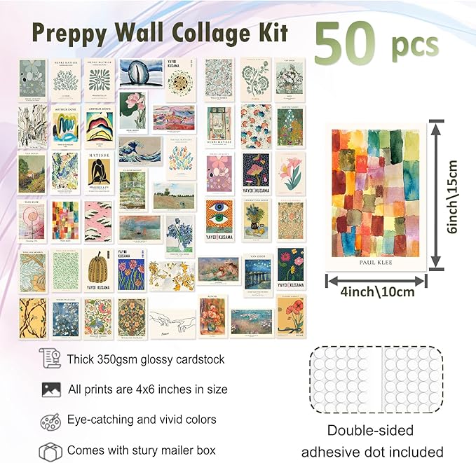 KBKBART Eclectic Wall Decor, 50Pcs Eclectic Wall Art Prints, Colorful Maximalist Decor Boho Gallery Wall Collage Kit, Vintage Famous Artists Painting Pictures Aesthetic Poster for Funky Room Decor, Home Decor for Bedroom Dorm