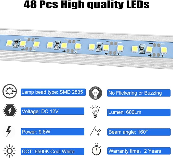 Rifachua Car 12V Interior LED Light Bar 48 LEDs Strip Lights with Switch and Magnets 6500K White Light for Car Van RV Cabinet Showcase Indoor Room Home 4 PCS Extendable