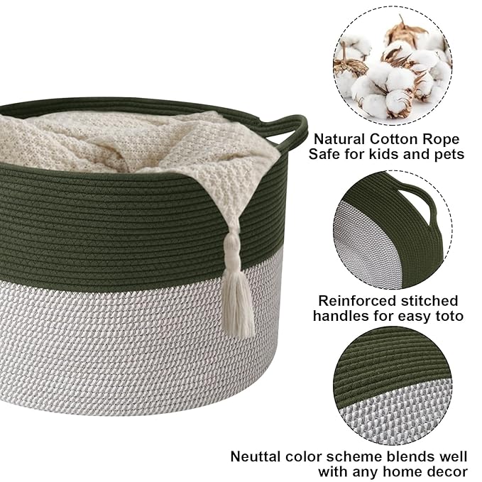 65L Large Blanket Basket,Woven Rope Laundry Basket Hamper with Handles,Decorative Nursery Basket Storage Bin for Toys, Pillows , Clothes Organizer, Living Room, Bedroom, Bathroom, Green&White