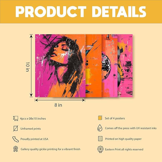 Eastern Print Disco Abstract Wall Art Set of 4, Retro Vinyl Record & Disco Ball Posters, Pink and Orange Wall Decor for Home and Kitchen, Record Wall Art, Abstract Poster, 8x10 Unframed