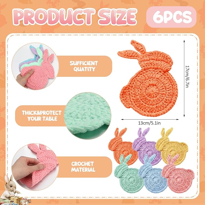 6 Pcs Easter Bunny Crochet Coaster Set 5.1 x 6.7 Inch Rabbit Handmade Woven Cup Pad Mats Gift Kit for Spring Holiday Kitchen Home Office Bar Desk Table Decor