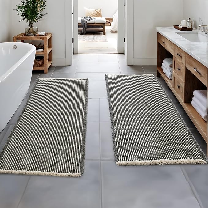 MIULEE Set of 2 Waffle Bathroom Runner Rugs, Boho Bath Rugs Non Slip Washable, Super Absorbent Runner Bath Mats, Rubber Backed, Ideal for Hallway Laundry Room, Dark Grey & Yellow, 2'x6'(24x72 Inch)