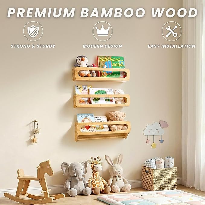 Nursery Shelves for Wall, Premium Bamboo Wood, Fully Assembled - Nursery Book Shelves, Book Shelf for Kids Rooms, Multi-Use Floating Shelves for Wall, Set of 3 (Natural, 16.5 Inches)