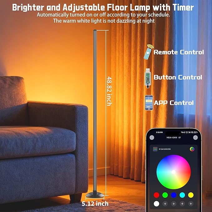 NBBUFF Led Corner Floor Lamp USB Powered with App & Remote Control, Color Changing Led Lamp Music Sync IC+RGBW, Timer, 64+ Music Modes, Standing Lamps for Living Room Lamp Bedroom Gaming Room, 2 Pack