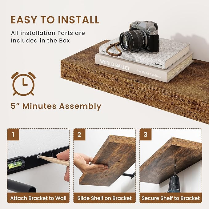 fuqing Floating Shelves for Wall, Wall Mounted Wood Floating Shelf with Invisible Brackets for Living Room, Bathroom, Bedroom, Kitchen Storage and Decor, 20 Inch Set of 2, Rustic Brown