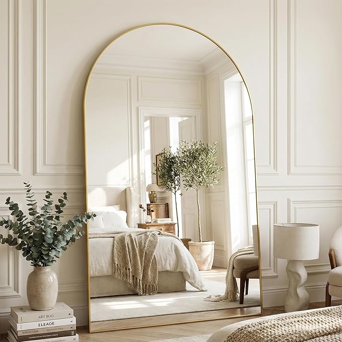 Suidia 72"x44" Arched Full Length Mirror with Stand, Full Body Mirror with Aluminum Frame, Freestanding/Leaning/Wall-Mounted, Floor Mirrors for Bedroom, Living Room, Entryway, Dressing Room, Gold