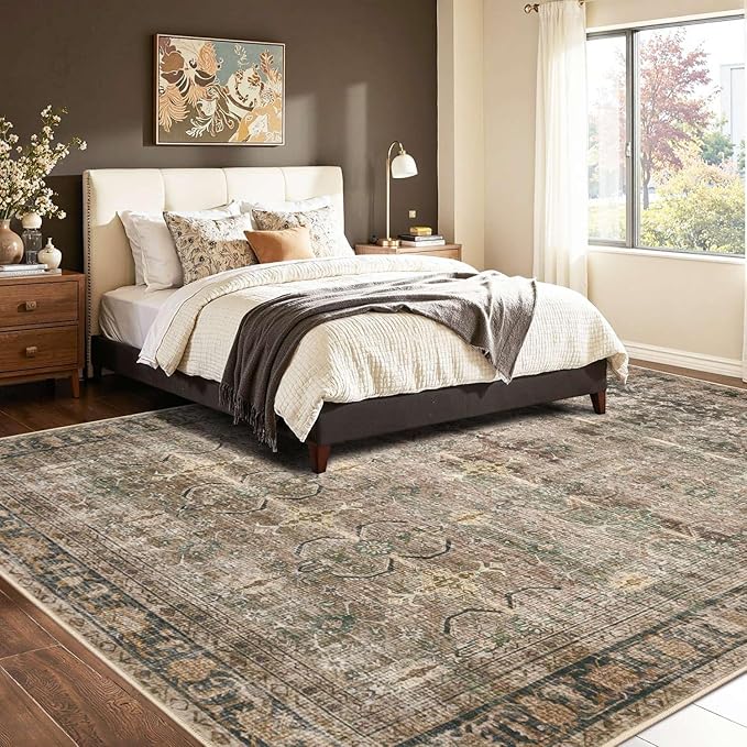 Rugxara 8x10 Area Rugs for Living Room Bedroom, Large Washable Rug, Brown Vintage Retro Boho Rug, Non Slip & Low Pile Faux Wool Thin Carpet for Indoor Dining Room and Kids Room(Charcoal/Olive 8x10ft)