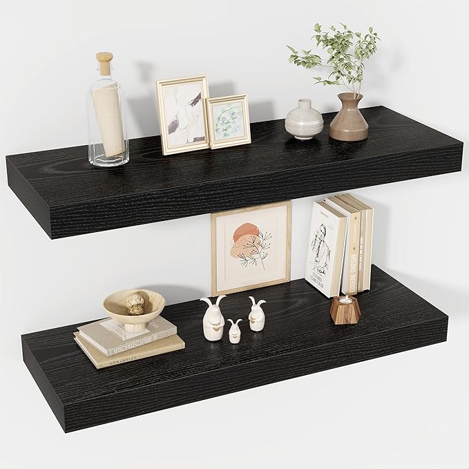 Acovy 30 Inch Floating Shelves, 12" Deep Floating Shelf Wall Mounted, 30" Wall Shelves, Rustic Deep Bookshelf, Extra Deeper & Thicker Display Shelves for Bedroom, Living Room, Black, Set of 2