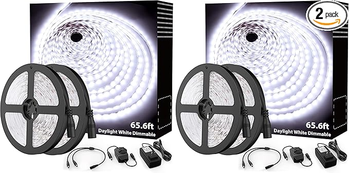 Onforu LED Strip Lighting Bright White, 65.6ft 6000K Dimmable Daylight White Tape Light, Flexible 12V Adhesive Ribbon Easter Rope Light, for Kitchen, Under Cabinet, Bedroom (Pack of 2)