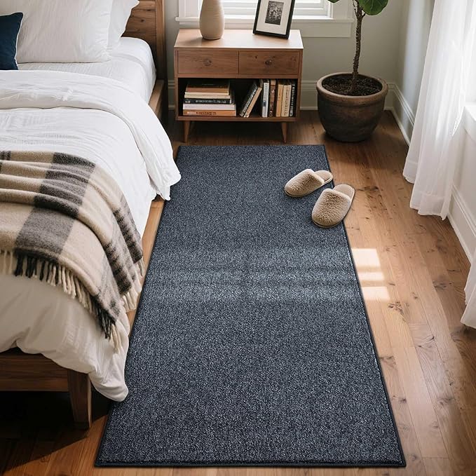 FinRèc 2x6 Washable Runner Rugs for Kitchen Hallway Bedroom, Low Pile Thin Rug Solid Color, Non-Slip Carpet Indoor for Home Decor (Navy Blue/White)