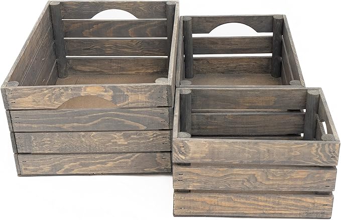 Rustic Wood Crates for vintage decorative display, Nesting Crate set for storage and farmhouse style decor, wooden boxes made from 100% Wood (Weathered Grey, Nested Set of 3)