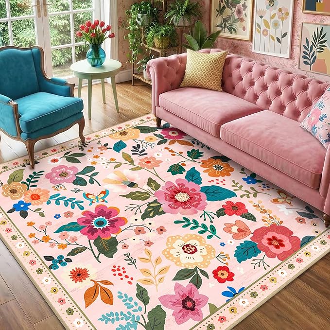 RELEANY Floral Nursery Square 6ft Area Rugs Washable Print Boho Cute Carpet Non Slip Flower Low Pile for Living Room Kids Girls Playroom Bedroom Kitchen Office Farmhouse-Pink