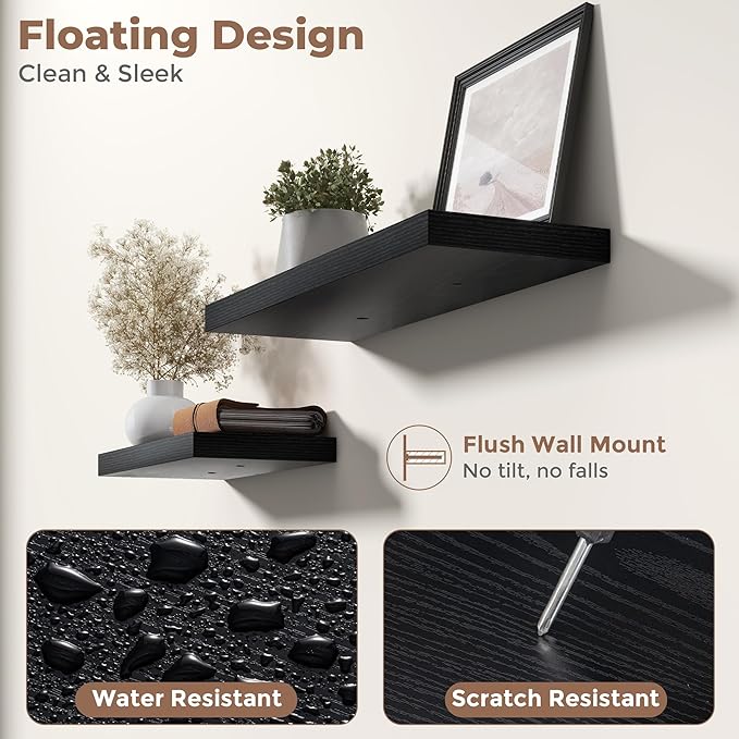 8 Inch Floating Shelves for Wall with Invisible Brackets Set of 3, 8"D Engineered Wood Wall Shelves with Wood Grain for Living Room, Bedroom, Bathroom, Kitchen Decor and Storage, Black Finish